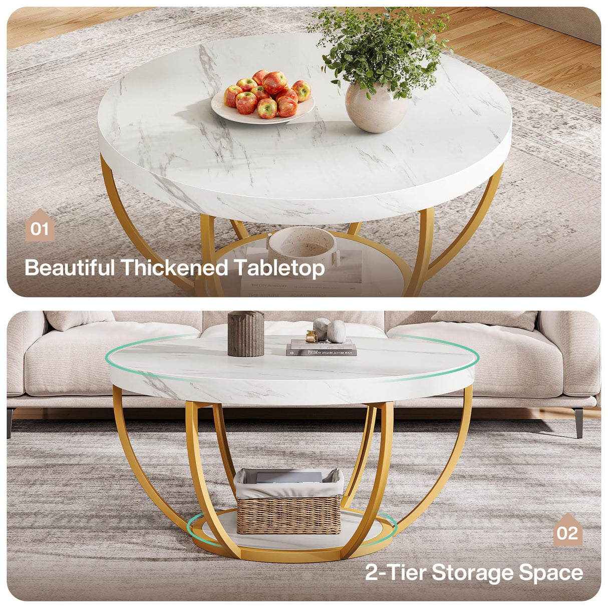 Tribesigns Modern Round Coffee Table, 2 Tier Coffee Table with Faux White Marble and Golden Metal Legs, Circle Center Table Tea Table Accent Furniture for Living Room, White and Gold Tribesigns