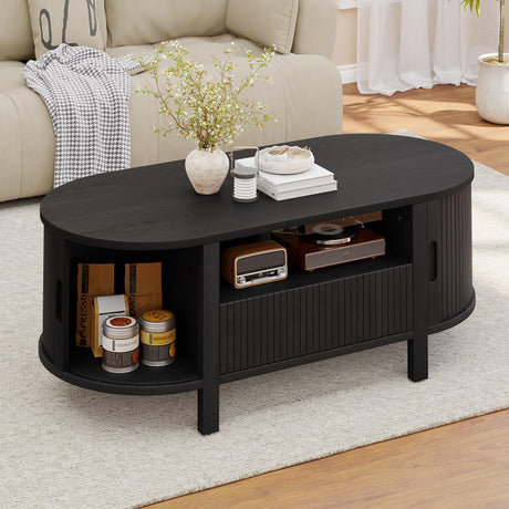 47 Inch Oval Coffee Table, Fluted Coffee Tables with Storage, Mid-Century Modern Living Room Tables, Center Table with Sliding Door and Wood Handle for Living Room, Black ComfyCorner