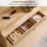 OKD 72" Tall Wine Bar Cabinet with Storage Hutch, Modern Wood Fluted Coffee Bar Cabinet with LED Lights and 10 Tier Storage Shelf & 9 Grid Wine Glass Rack for Home Dining Room Kitchen (Natural Oak) OKD