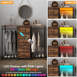 Espelism Dresser for Bedroom with Clothes Rack 5 Drawer Dresser with Charging Station LED Lights White Chest of Drawers Flexible Shelf and Open Storage Space for Bedroom Living Room (Brown) Espelism