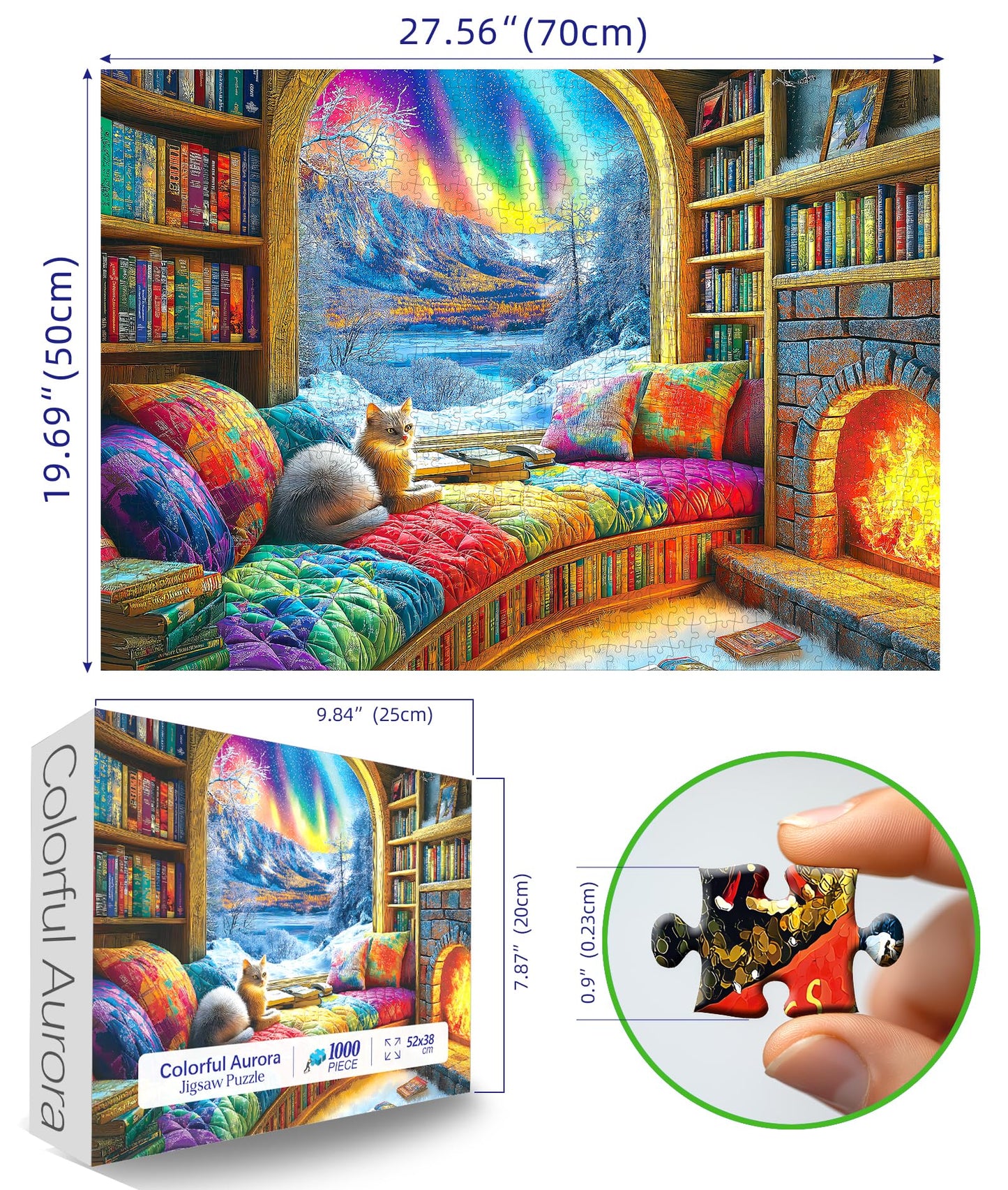 Northern Lights Landscape Jigsaw Puzzles for Adults Fantasy Fairy Cat 1000 Piece Book Room Puzzle for Adults with Letters on Back Challenging Family Puzzle