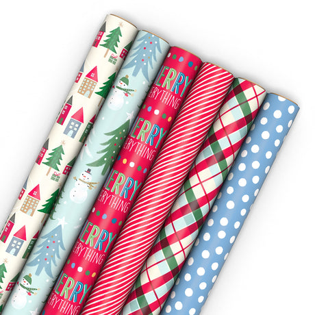 Hallmark Cute Recyclable Christmas Wrapping Paper (6 Rolls: 180 Sq. Ft. Total) Red, Blue, Green Plaid, Merry Everything, Colorful Houses, Snowmen and Trees, Dots, Stripes Hallmark