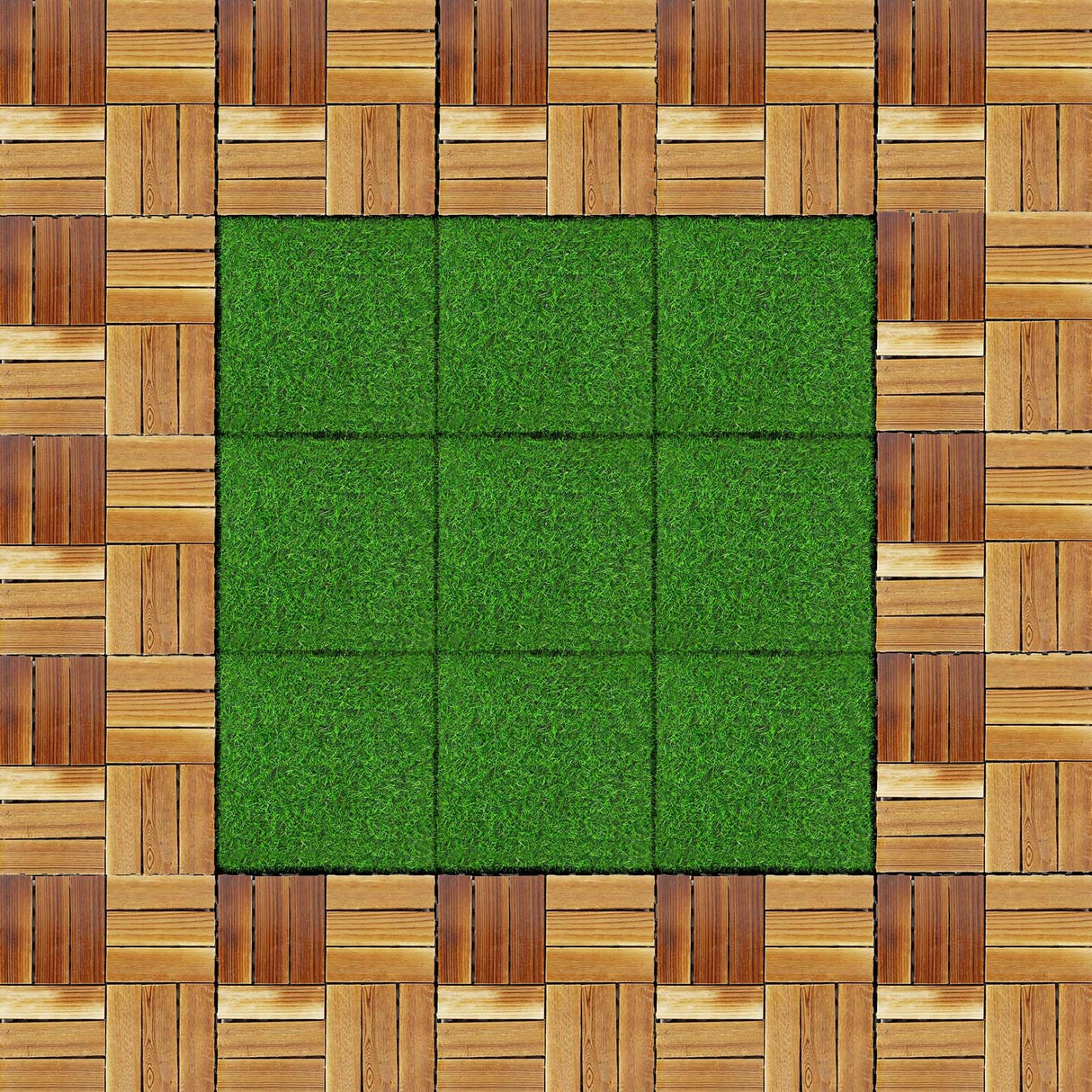 Sasylvia 48 Pcs Hardwood Interlocking Patio Deck Tile and Artificial Grass Tile Waterproof Wood Flooring Tile Interlocking Turf Tile Outdoor Self Draining Tile for Balcony Garden Patio Lawn, 12 x 12'' Sasylvia