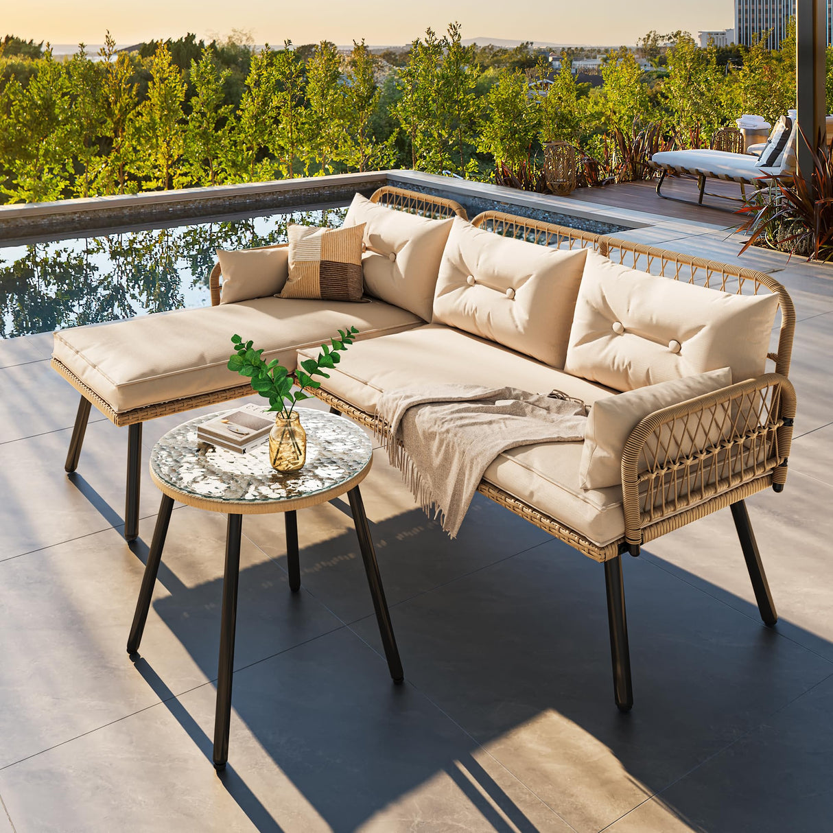 YITAHOME L-Shaped Patio Furniture Outdoor Loveseat Sectional Set for Backyard, Porch with Thick Cushions Detachable Lounger, Side Table (Light Brown+Beige) YITAHOME