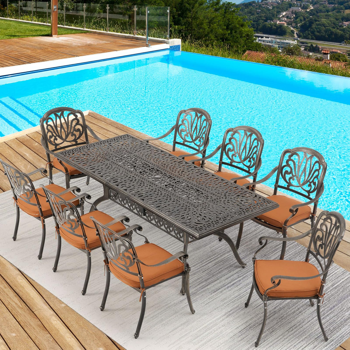 [Hi-End]Cast Aluminum Patio Furniture Set 9-Piece Outdoor Dining Set Includes 86.6’’ Rectangular Patio Table with Umbrella Hole and 8 Cushioned Dining Chairs,Rust-Free for Patio Deck Garden Pool RICHRYCE