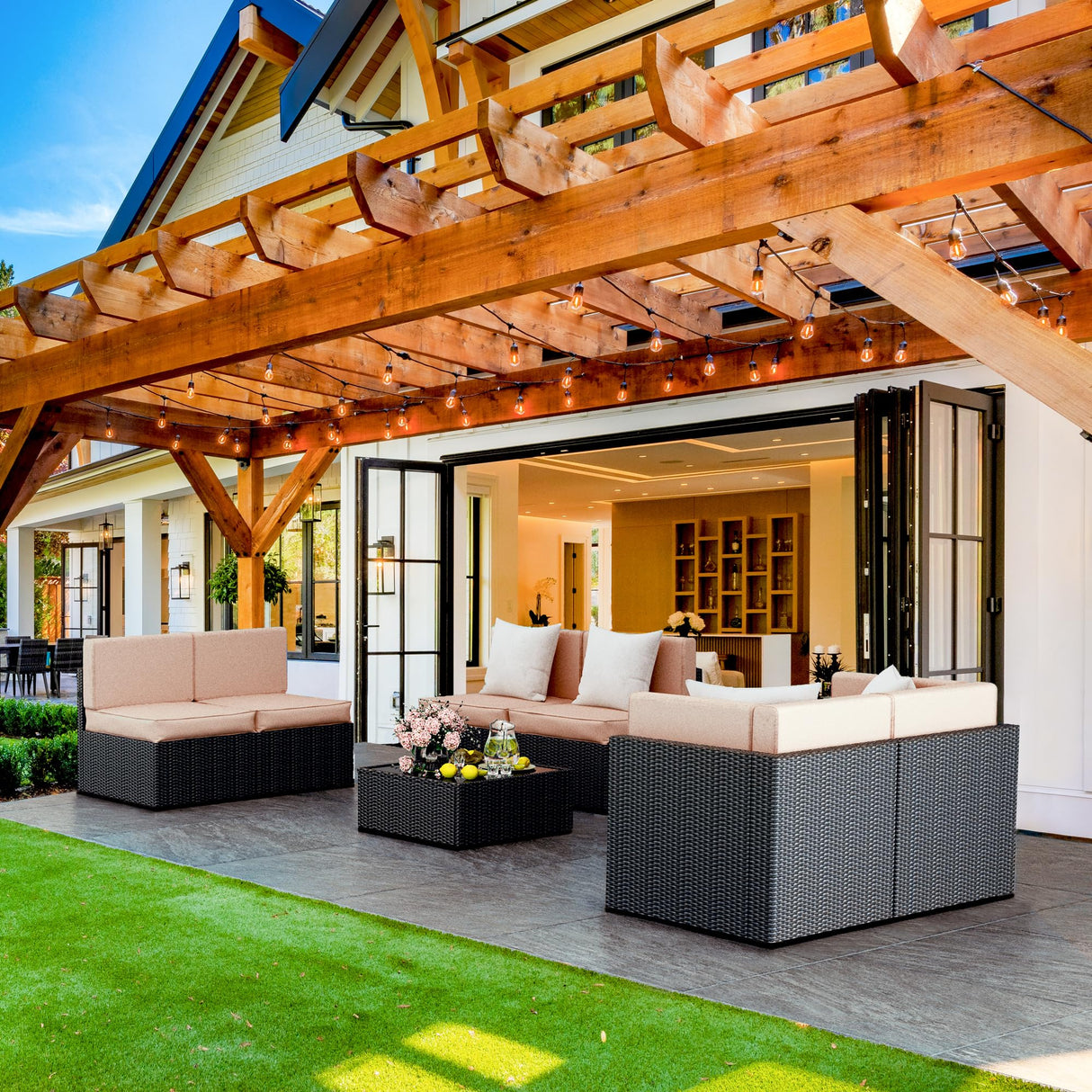 Pamapic 7 Pieces Outdoor Sectional Furniture，Wicker Patio sectional Furniture Sets，All-Weather Rattan Sectional Sofa Conversation Set with Coffee Table and Washable Couch Cushions Covers Pamapic