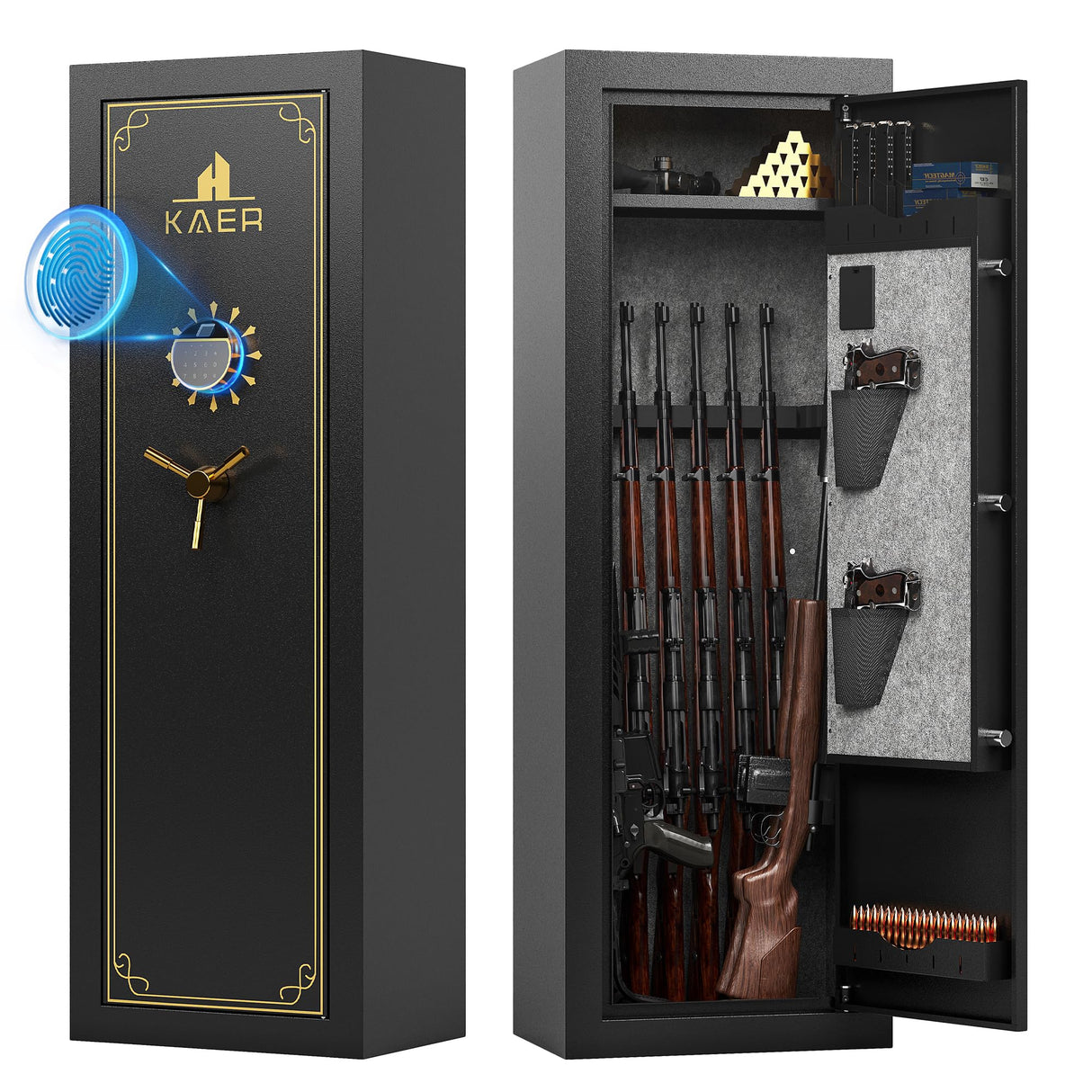 KAER 15 Biometric Gun Safe for Rifles and Pistols,Gun Cabinet with Fingerprint/Keypad/Key Access,Rifle Safe with Removable Shelf and Pistol Pocket.[No Assembly Required] KAER