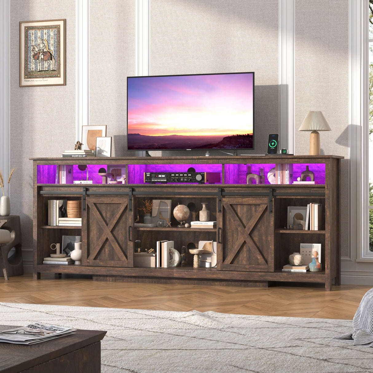 jiteentarou Farmhouse TV Stand for 90/85 Inch TV with Power Outlet, LED Entertainment Center with Storage and Sliding Barn Doors, Wood Media Console for Living Room, Brown jiteentarou