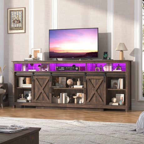 jiteentarou Farmhouse TV Stand for 90/85 Inch TV with Power Outlet, LED Entertainment Center with Storage and Sliding Barn Doors, Wood Media Console for Living Room, Brown jiteentarou