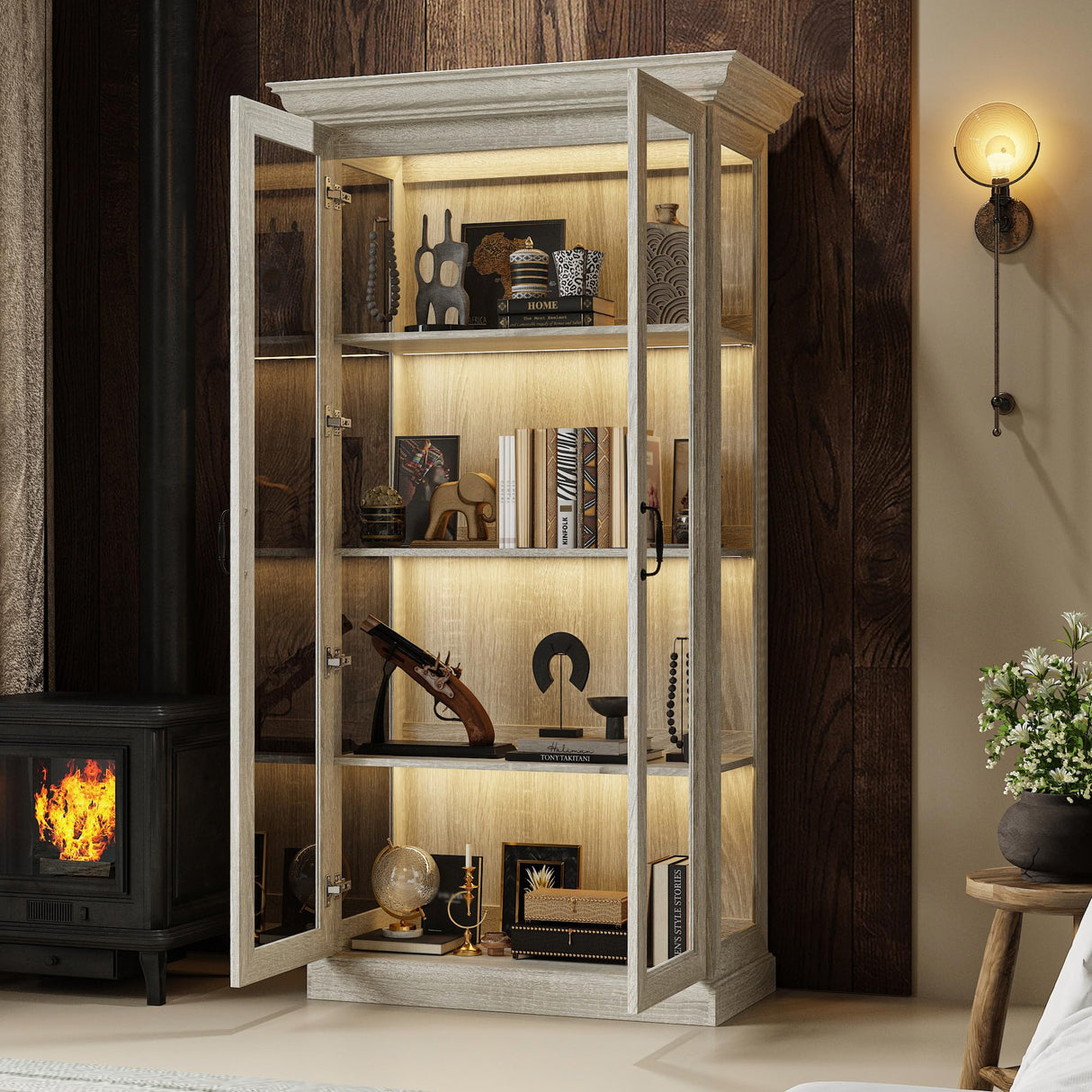 FUNISIR Display Cabinet with 2 Glass Doors, Curio Cabinet with LED Light & 4-Tier Storage Shelves for Collectibles, 37" W Glass Display Case for Living Room, Home Office, Grey Oak FUNISIR