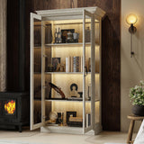 FUNISIR Display Cabinet with 2 Glass Doors, Curio Cabinet with LED Light & 4-Tier Storage Shelves for Collectibles, 37" W Glass Display Case for Living Room, Home Office, Grey Oak FUNISIR