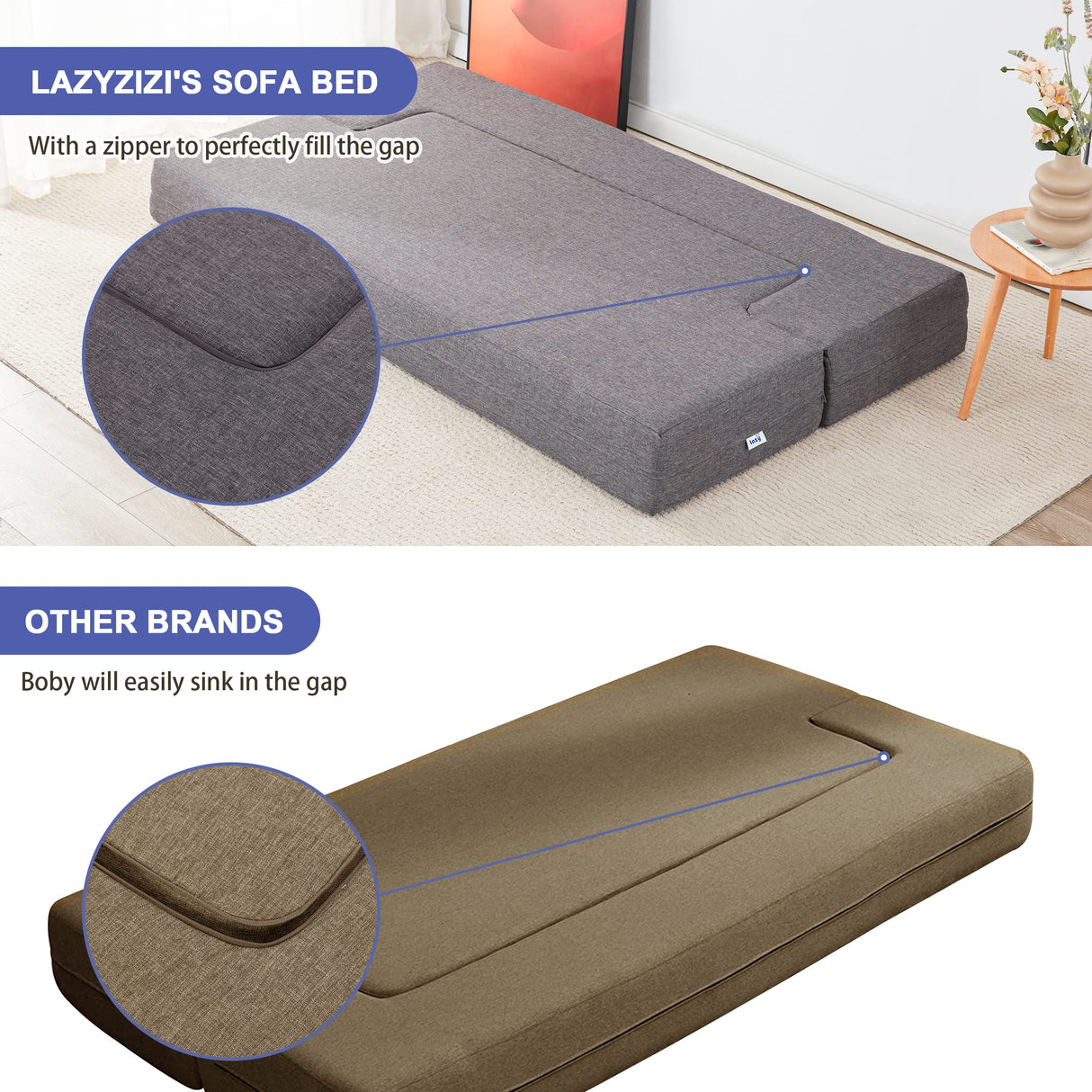 Lazyzizi Floor Sofa Bed, Fold Out Couch Bed with 2 Pillows & Washable Cover Convertible Sleeper Folding Sofa Bed Mattress for Living Room, Guest Bed, Playroom 8inches, Queen Lazyzizi