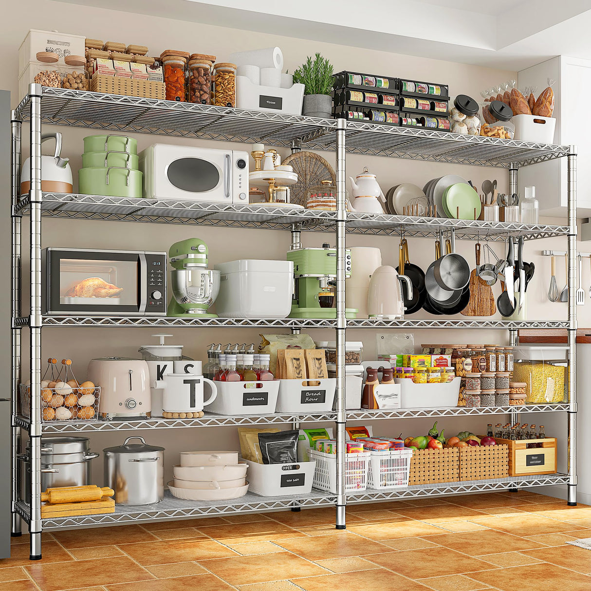 REIBII 70" W Wire Shelving Load 1500LBS, Metal Shelving 5-Tier Storage Shelves Metal Shelves for Storage Adjustable Shelving Rack for Pantry Kitchen Commercial School 70" W*15.8" D*72.4" H,Chrome REIBII