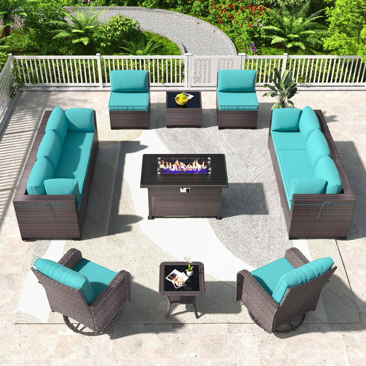 Kullavik 13PCS Outdoor Patio Furniture Set,PE Wicker Rattan Sectional Sofa Patio Conversation Sets with 43" 55000BTU Gas Propane Fire Pit Table,Swivel Rocking Chairs Set,Blue Kullavik