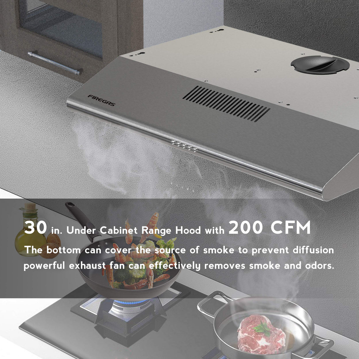 FIREGAS Under Cabinet Range Hood 30 inch, Ducted/Ductless Convertible Kitchen Hood Over Stove Vent, LED Light, 3 Speed Exhaust Fan, Reusable Aluminum Filters, Push Button, with Charcoal Filter FIREGAS