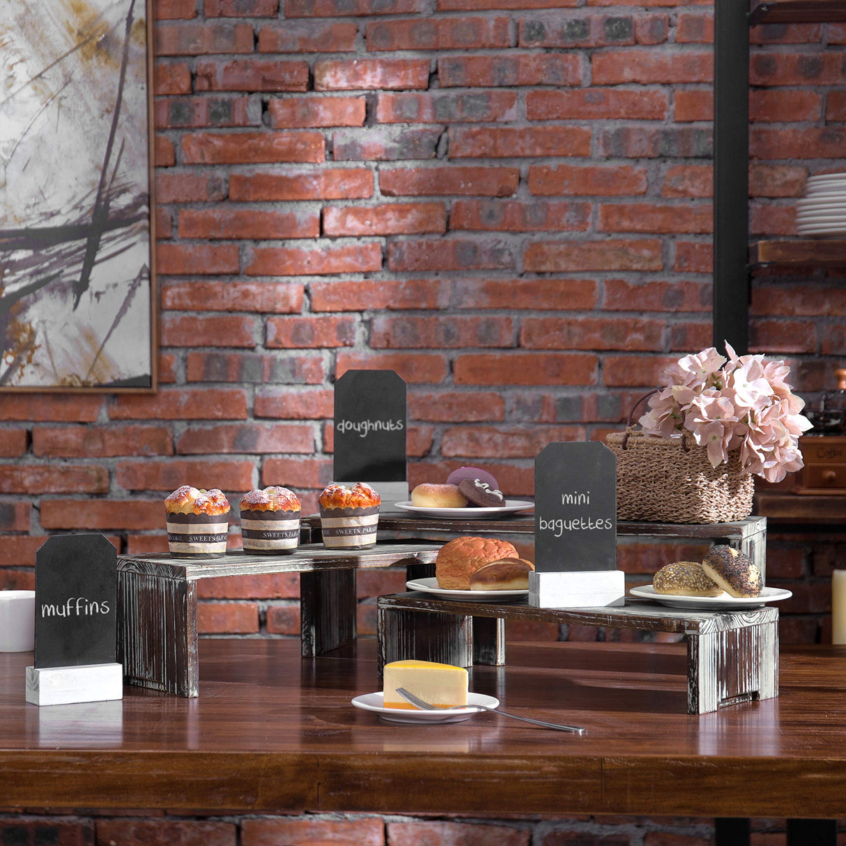 MyGift 3-Tier Rustic Torched Wood Dessert Display Risers, Tabletop Nesting Cupcake Stands, Retail Merchandise and Collectible Figurine Shelf, 3 Piece Set MyGift