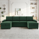 LUMISOL Convertible Sectional Sleeper Sofa Bed, 110" U-Shaped Sofa with Pull Out Bed, Corduroy 6-Seater Modular Couch with Double Storage Chaise, Cup Holders & USB Ports for Living Room, Green LUMISOL