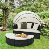 RELAX4LIFE Round Outdoor Daybed with Canopy - Wicker Rattan Sectional Sofa Sunbed w/Cushions & 3 Pillows, Clamshell Conversation Lounger Separated Seating Set for Garden Porch, Patio Day Bed (Beige) RELAX4LIFE