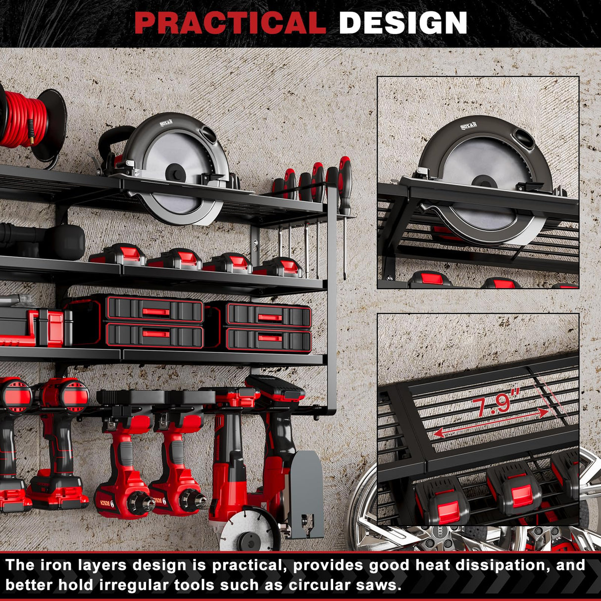 NattyDot Large Power Tools Organizer Wall Mount,12 Drill Holder for Garage, Workshop Heavy Duty Storage Rack NattyDot