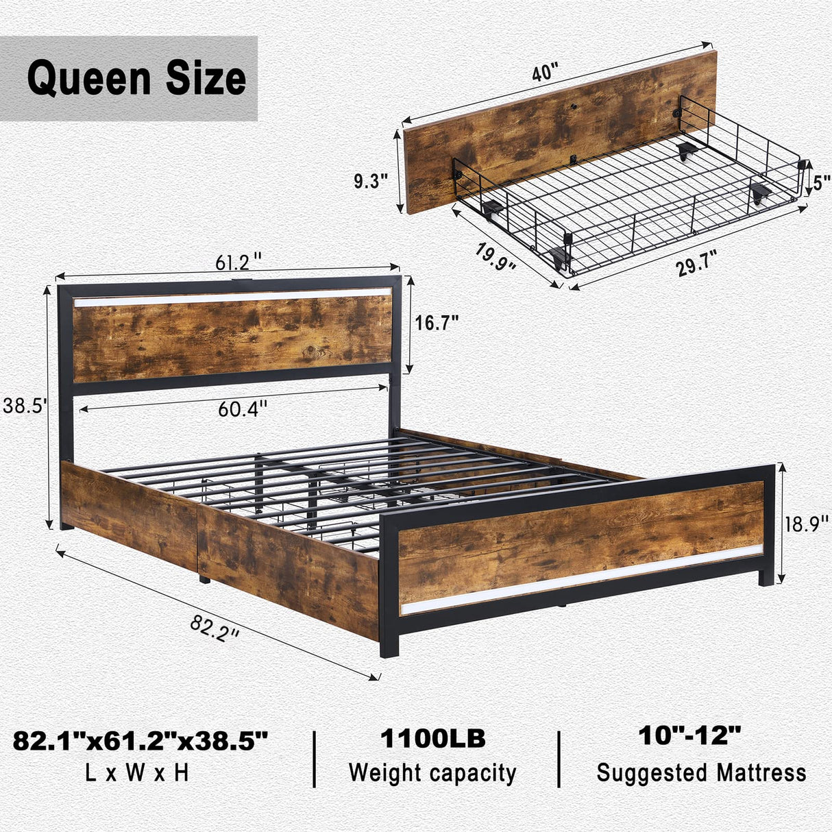 Ailisite Queen Size Bed Frame with 4 Drawers, LED Lights & USB Charging Ports - Rustic Wood Platform Design Ailisite