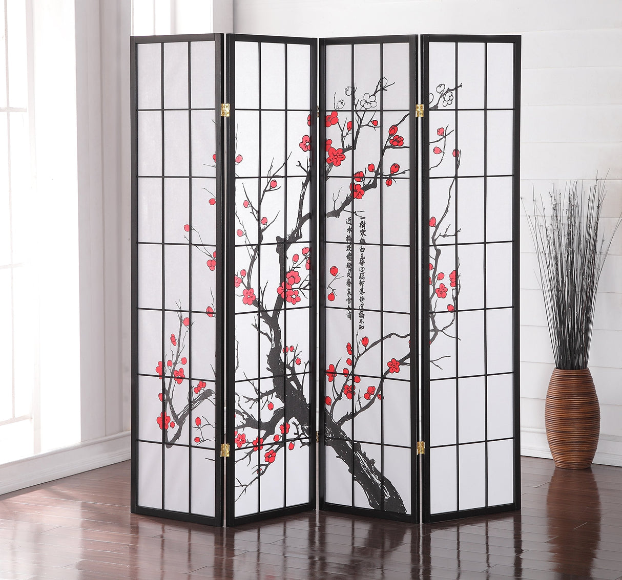 Roundhill Furniture Black Japanese 4-Panel Screen Room Divider, Plum Blossom Roundhill Furniture