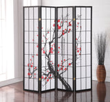 Roundhill Furniture Black Japanese 4-Panel Screen Room Divider, Plum Blossom Roundhill Furniture