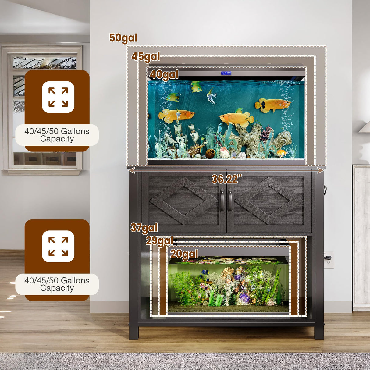 40-50 Gallon Fish Tank Stand with Power Outlets, 660LBS Capacity Heavy Duty Metal Aquarium Stand, Double Fish Tank Stand Table with Cabinet GRUSIGN