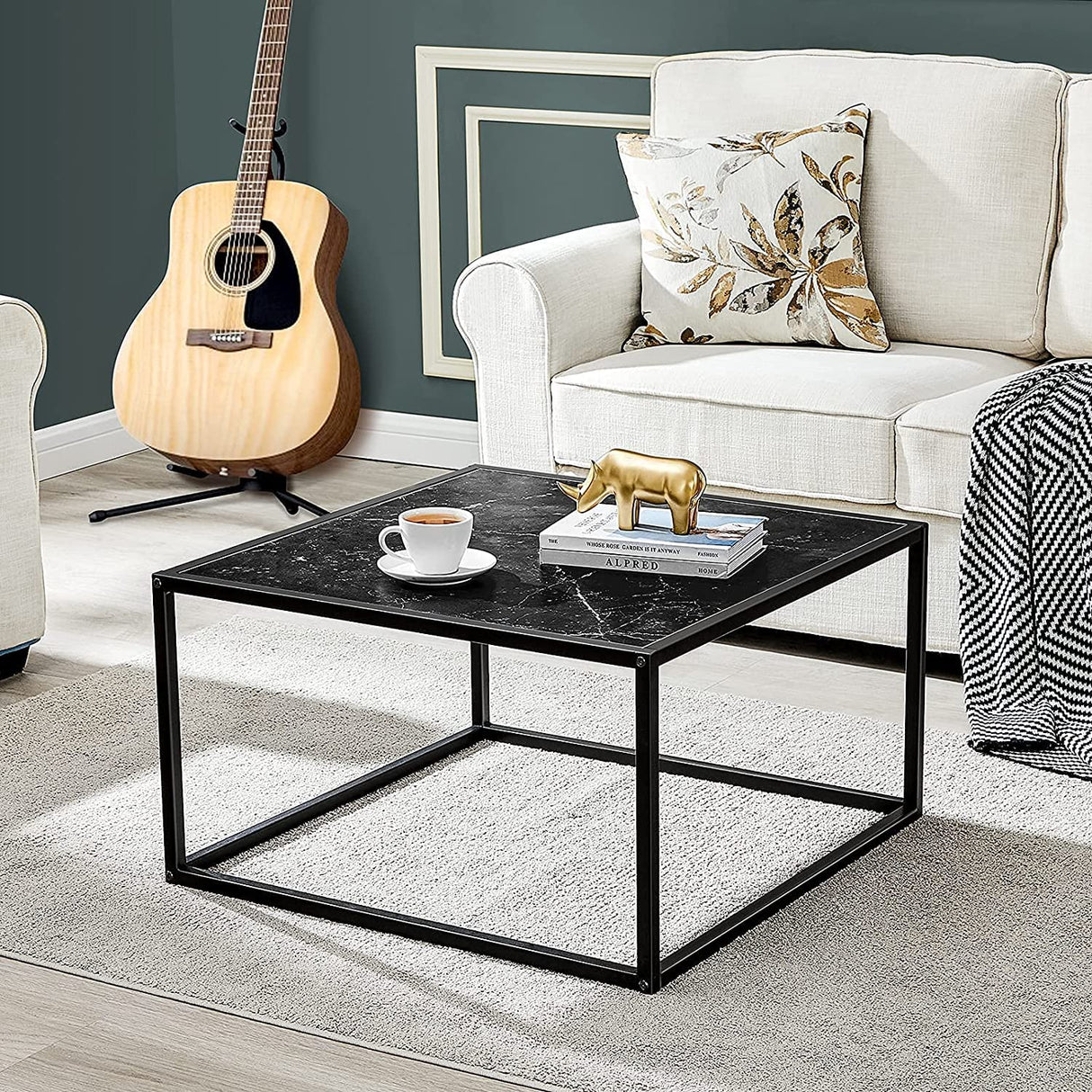 SAYGOER Black Coffee Table Small Square Coffee Table Simple Modern Center Table for Living Room Home Office 27.6 * 27.6 * 15.7Inch Easy Assembly, Black Faux Marble SAYGOER