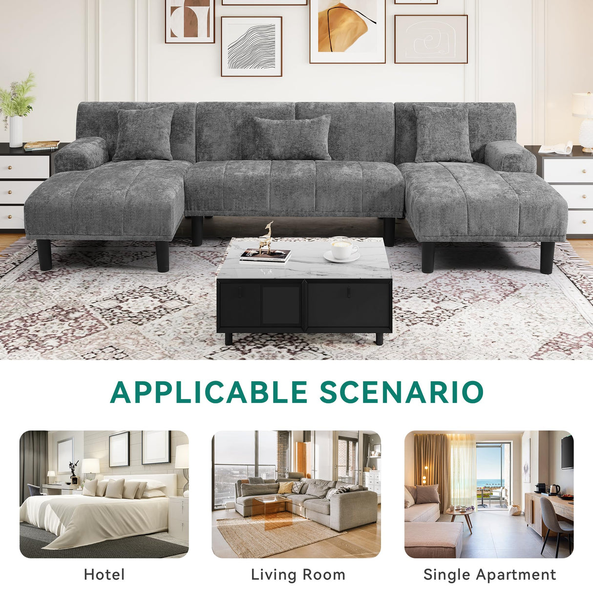 YITAHOMA Sectional Couches for Living Room, U Shaped Sofa Chenille Modern Couch with USB & Type C Charging Ports Double Chaise and Comfy Upholstered, Dark Grey YITAHOME
