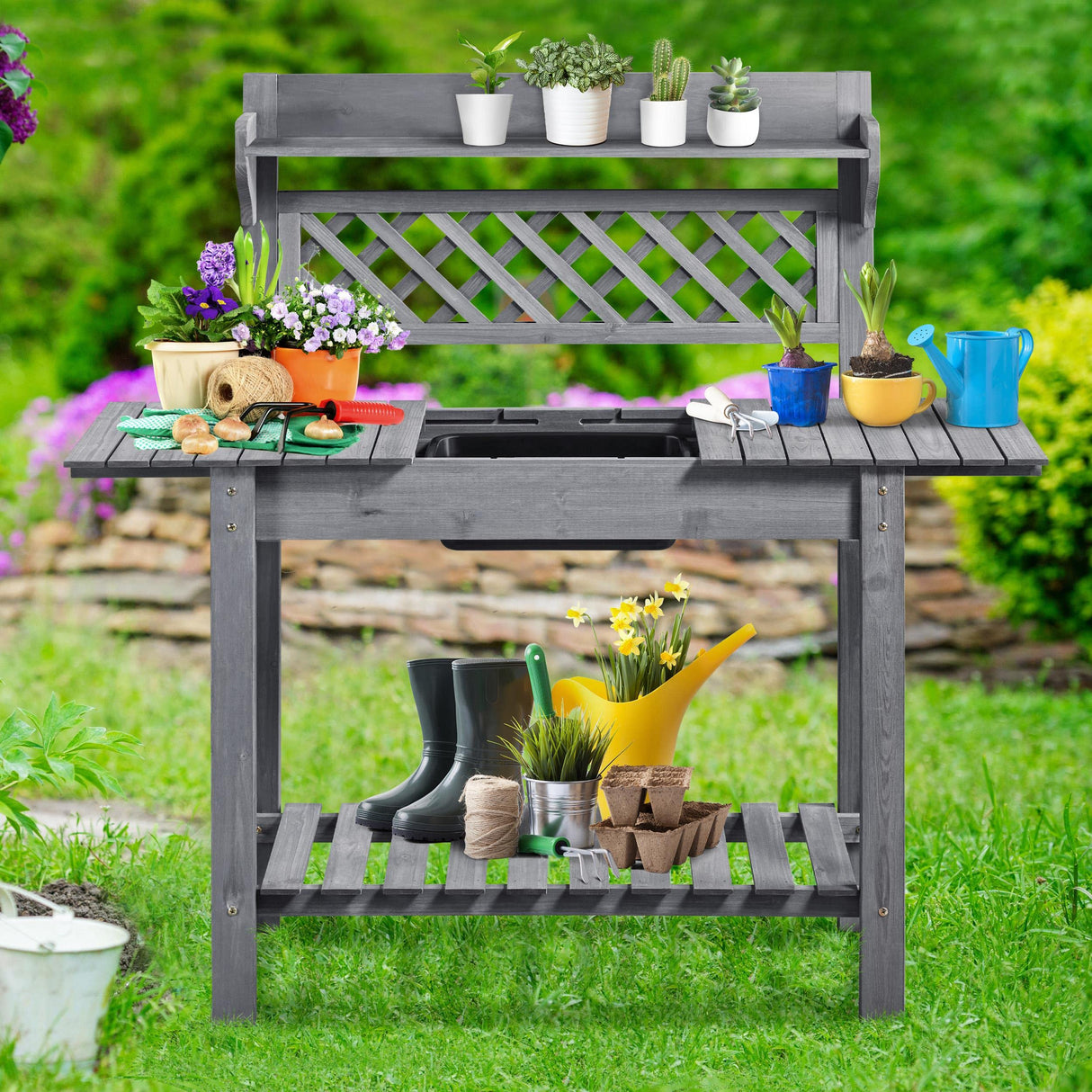 Topeakmart Potting Table Wood Workstation Table w/Sliding Tabletop w/Removable Dry Sink Storage Shelves Outdoor Garden Work Benches Station Planter Bench for Backyard Patio Gray Topeakmart