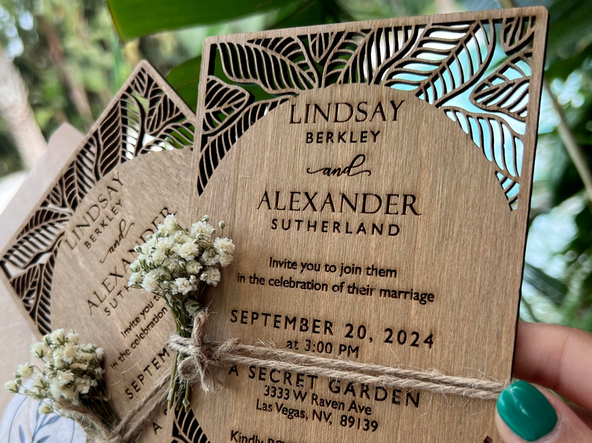 Pack of Personalized Wood Wedding Invitation - Laser Cut Wedding Invitations - White Flower Twined Wooden Invitations with Envelopes & Stickers - vitawed