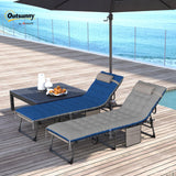 Outsunny Chaise Lounge Chair Outdoor Set of 2, 5-Position Adjustable Outdoor Pool Lounge Chairs, Folding Tanning Chair Beach Lounger with Cushion, Headrest, Side Pocket for Patio, Yard, Brown/Blue Outsunny