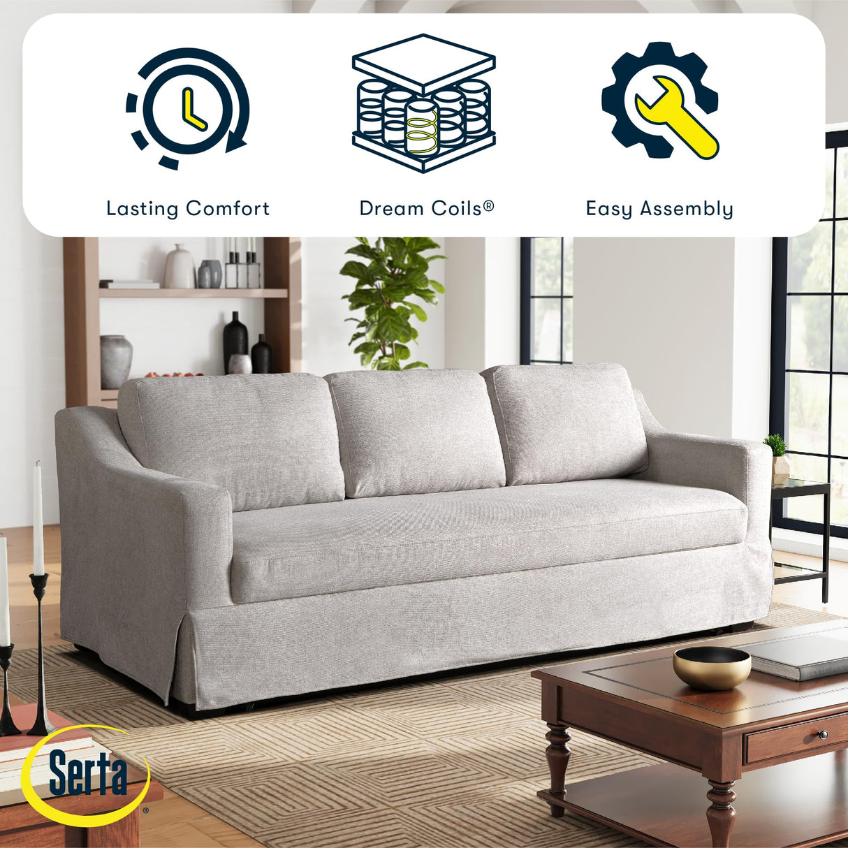Serta® Hawthorne 90.6" Slipcovered Queen-Size Convertible Pop-up Sofa, Dreamcoil® Comfort, Woven Polyester Blend Fabric, Linen Serta