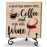 Coffee And Wine Desk Decor Sign, Rustic Wooden Sign With Stand, A Good Day Starts With Coffee And Ends With Wine Sign For Farmhouse Home Kitchen Bar Shelf Table, Gifts For Family Friend Coworker, C18 Zmyollo