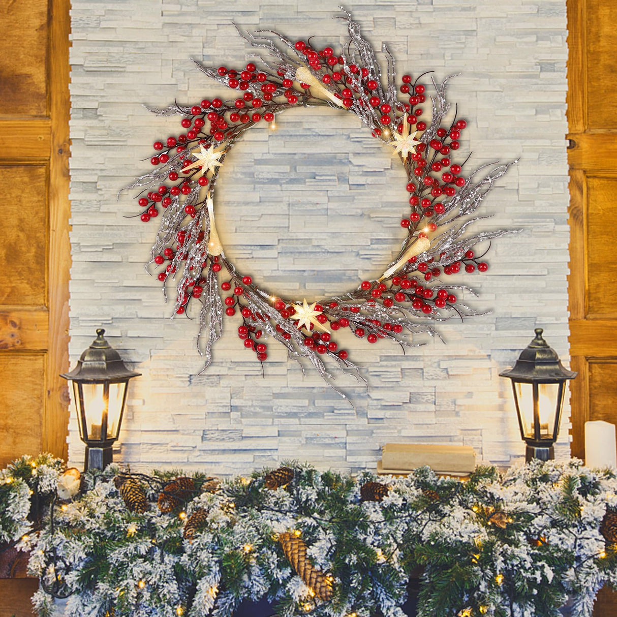 DR.DUDU 22 Inches Lighted Christmas Wreath for Front Door, Battery Operated Red Berry Artificial Wreaths with Light up Snowflakes Ornaments, Christmas Decorations for Home Mantle Holiday Party DR.DUDU