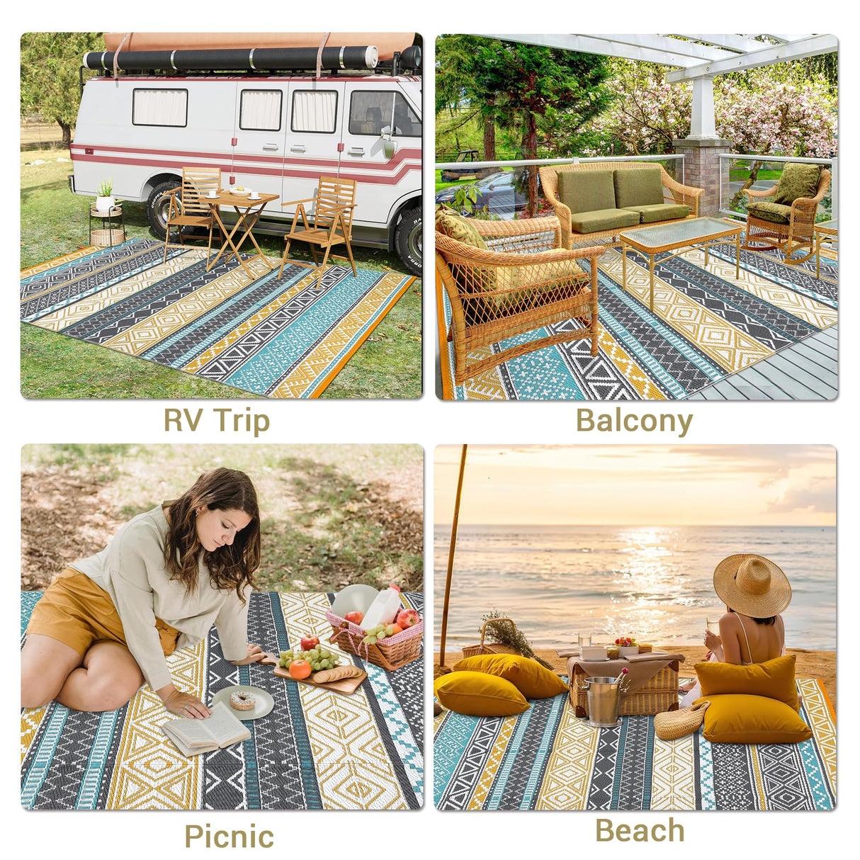 GAOMON Outdoor Rug 9'x12' Waterproof Rug for Patio Decor, Foldable Reversible Plastic Straw Area Rugs Mat for Camper, Outside Carpet for Deck, Porch, Picnic, Beach, Teal/Yellow(Bohemia) GAOMON