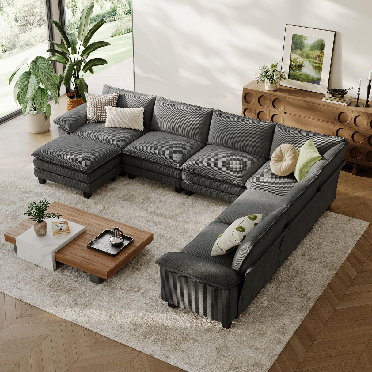 LINSY HOME Modular Sectional Sofa Couch Corduroy Cloud Couches for Living Room, V-Shaped Cloud Couch Sectional Sofas for Bedroom and Apartment, Grey LINSY HOME