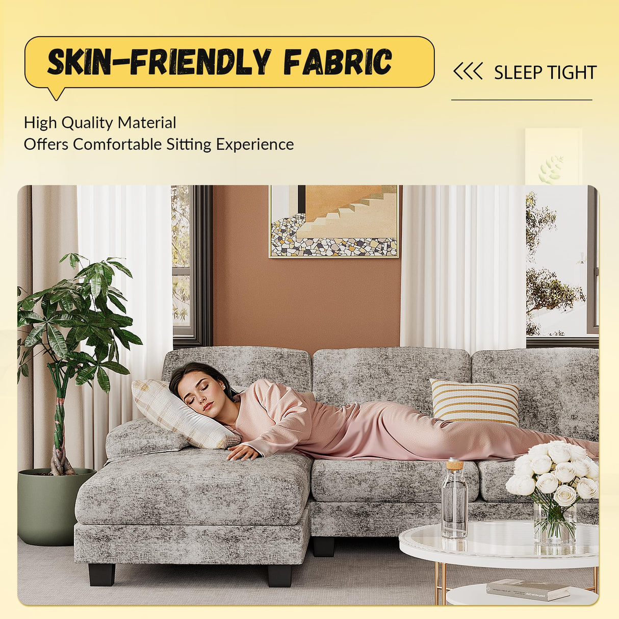 JUMMICO Sectional Couches for Living Room, U Shaped Couch with Chenille Fabric, 4 Seat Modern Sofa with Removable Pillows for Apartment and Small Space (Fabric, Grey) JUMMICO