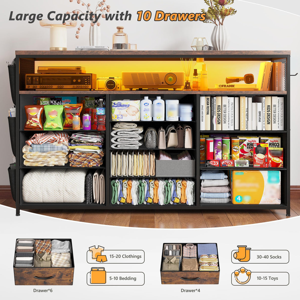 EnHomee Dresser for Bedroom with 10 Fabric Drawers, Dresser with LED Lights & Power Outlets, 55" TV Stand Dresser with Side Pockets and Wood Open Shelves for Bedroom, Entryway, Rustic Brown EnHomee