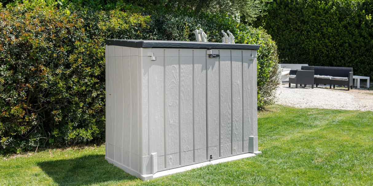 Toomax Stora Way All Weather Outdoor XL Horizontal Storage Shed Cabinet for Trash Can, Garden Tools, and Yard Equipment, Taupe Gray and Anthracite Toomax