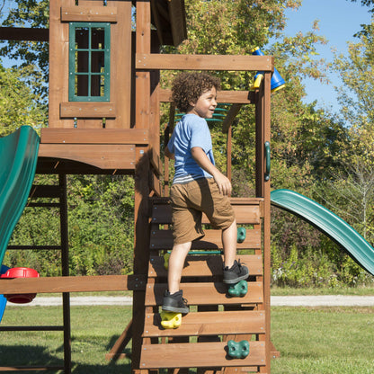 Swing-N-Slide WS 8354 Knightsbridge Super Wooden Swing Set with Two Slides, Play Set, Monkey Bars, Climbing Wall, Music Play & Climbing Wall, Wood, Green - WoodArtSupply