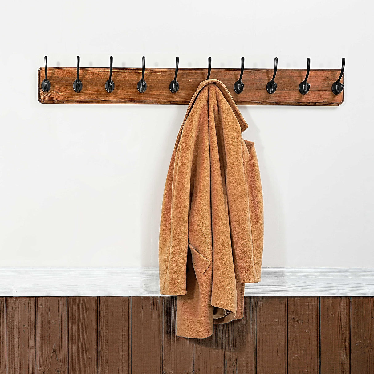 WEBI Rustic Coat Rack Wall Mount,10 Hooks,38 9/16" Long Coat Hooks Wall Mounted,16’’ Hole to Hole,Wood Coat Hanger Wall,Hook Rack Hooks for Hanging Coats,Jacket,Clothes,Hats,Brown WEBI