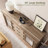 IRONCK Farmhouse TV Stand for 65 Inch TV with Outlets, 59" Entertainment Center with 3 Drawers and 2 Storage Cabinet, Glass Doors and Adjustable Shelf, Console Tables for Living Room, Light Rustic Oak IRONCK