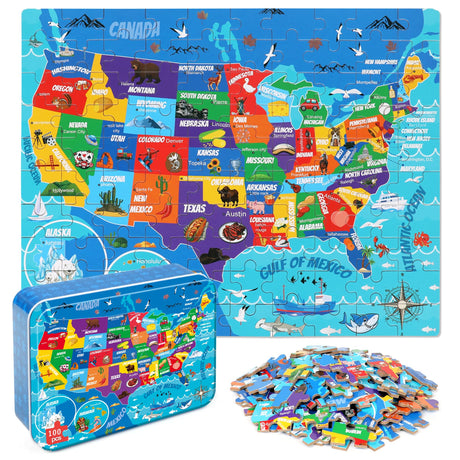 LELEMON United States Map Puzzles for Kids USA Map Jigsaw Puzzles in a Metal Box America Map Learning Educational Toys Gifts for Boys Girls LELEMON