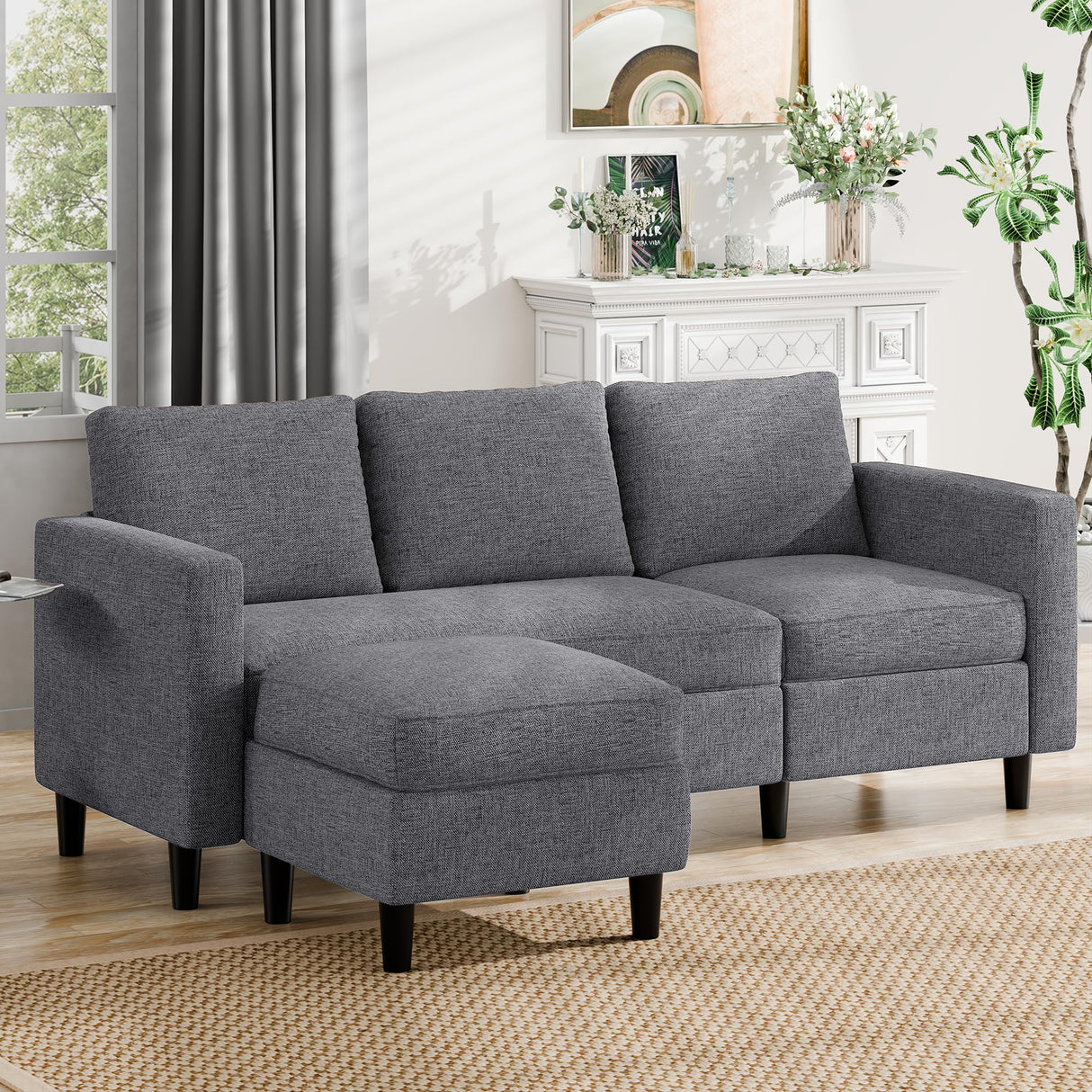 JAMFLY Sectional Sofa Couch Convertible L Shaped Sofas with Ottoman Small Sectional Couches for Living Room, 3 Seater Couch for Small Spaces, Dark Grey JAMFLY