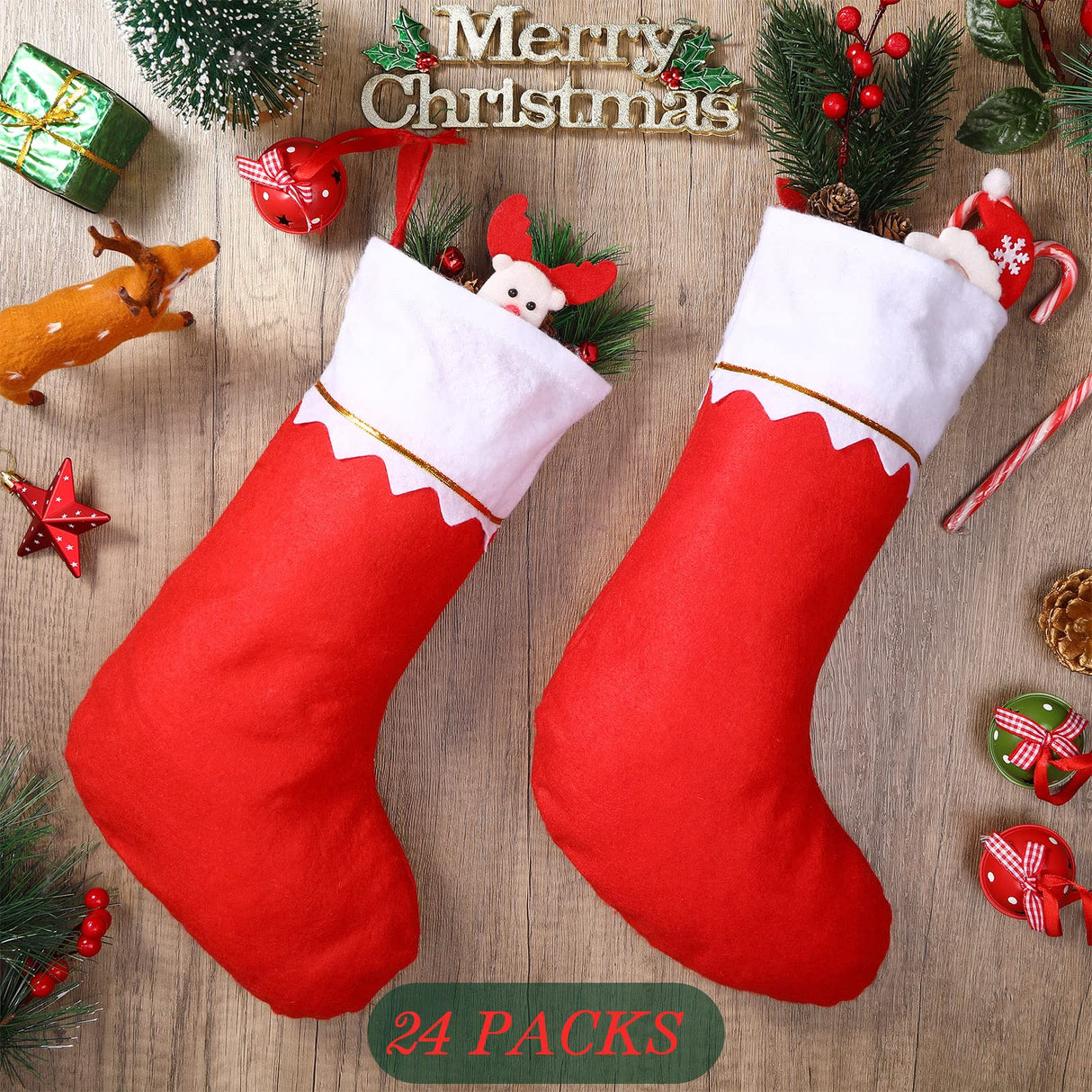 Zubebe 24 Pcs Felt Christmas Stockings 15 Inch Party Favors Stockings Xmas Decoration Stockings Rustic Christmas Santa Stockings for Christmas Holidays Home Decorations(Red) Zubebe