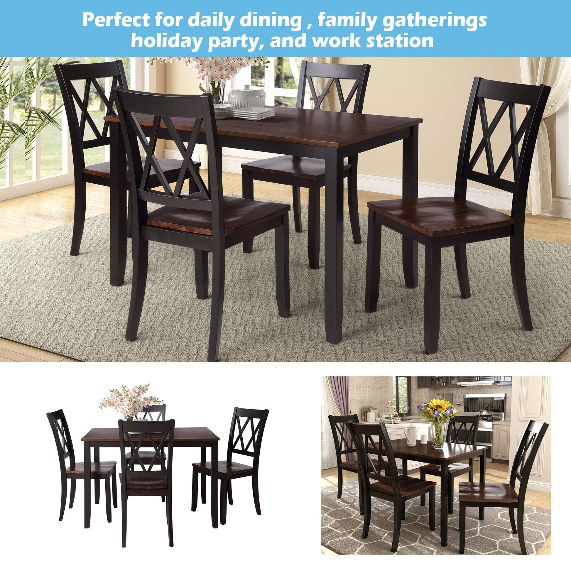 Luxo Abode Farmhouse Style 5 Piece Dining Comfortable Table Set with 4 Chairs, Long-Lasting Solid Wood Home Kitchen Set, Easy Assembly and Clean, for Dining Room, Kitchen, Black - WoodArtSupply