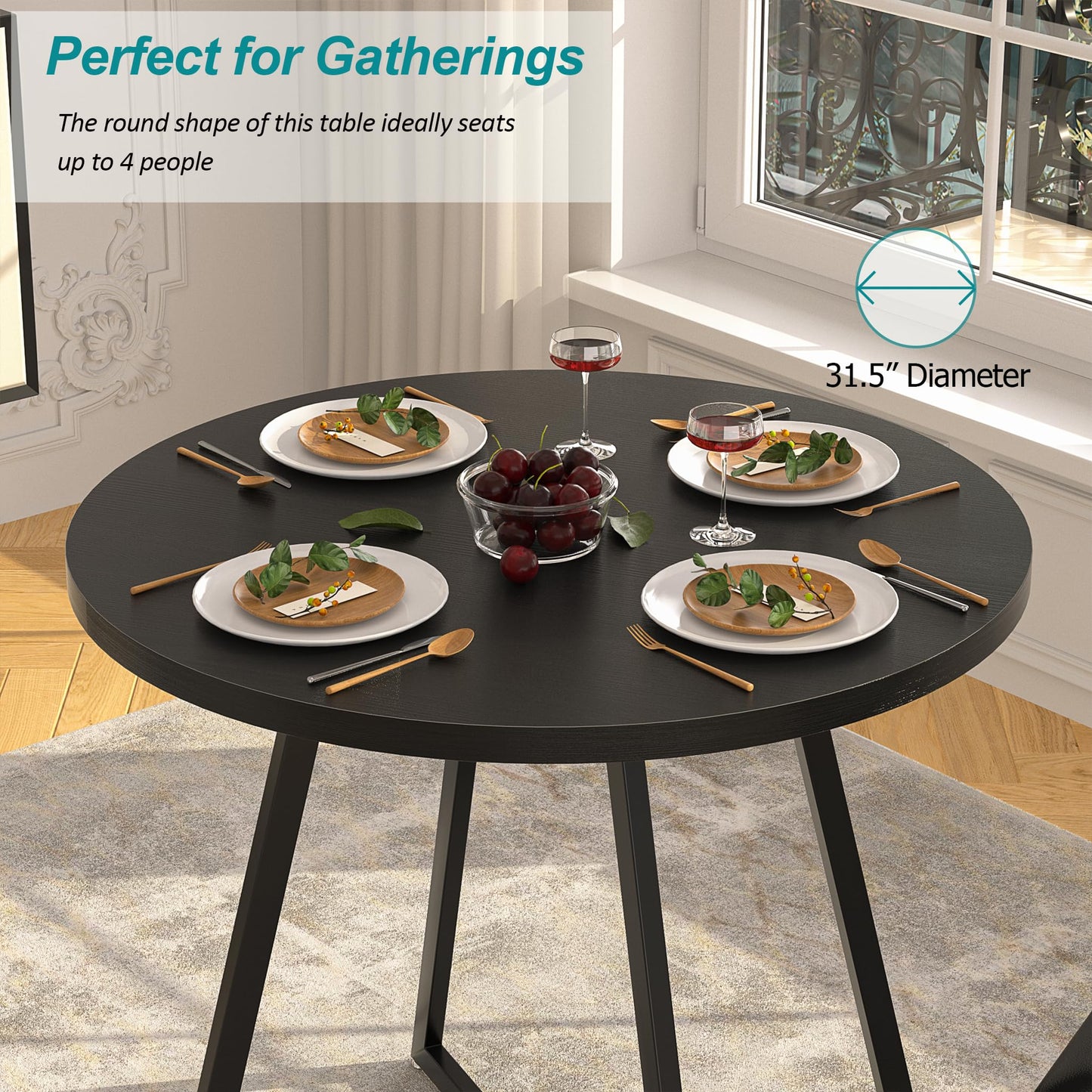 VECELO Round Dining Table with Steel Frame for 2-4 People, Space Saving for Home, Kitchen, Apartment, Wood-grain Black - WoodArtSupply