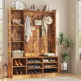 Nosepen Hall Tree with Bench and Shoe Storage, 5-in-1 Entryway Storage Bench, Shoe Rack with Coat Rack, 8 Shoe Cubbies & 5 Coat Hooks, Adjustable Shelf, Top and Side Storage, Rustic Brown Nosepen