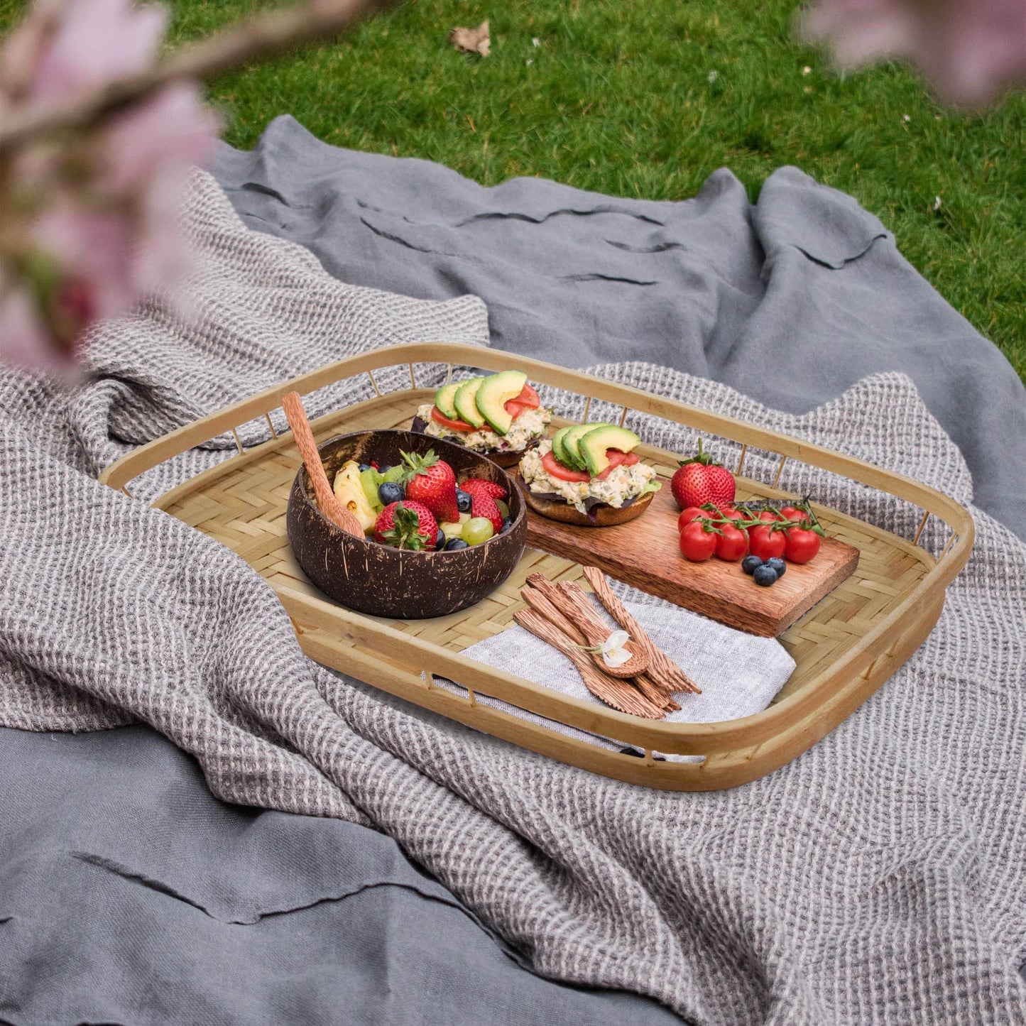 PEMAR Set of 6 Bamboo Wicker Serving Trays for Foods and Drinks, Rectangular Lap Trays for Breakfast. Decorative Bamboo Wood Basket Platters for Coffee Table, Picnic, Bed Eating